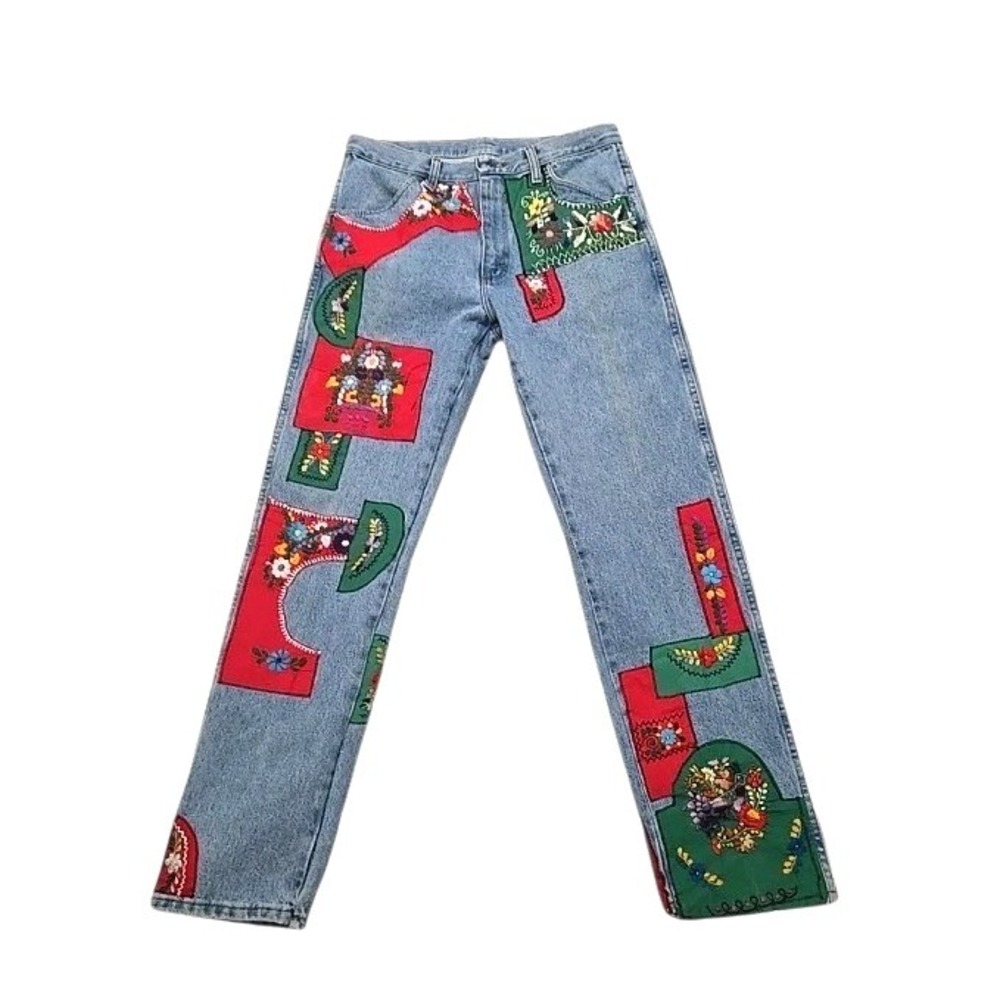 Vtg OOAK Upcycled Folksy Jeans w Appliqued Mexican‎ Puebla Dress Patches 30x31
